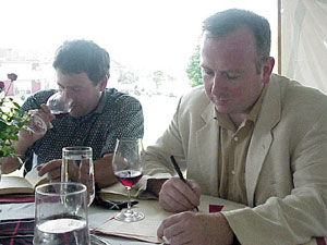 Francis tasting wine with Chris Cree MW at the home of wine importer Neal Rosenthal.